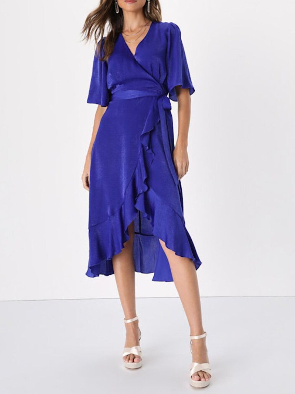 Lulus Wrapped Up In Love Cobalt Blue Satin Faux-wrap Midi Dress - Size XS